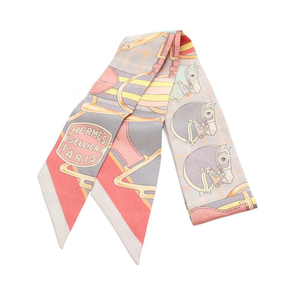 Hermes Twilly Sellier Ribbon Scarf Muffler Silk Women's Gray Orange Multicolor